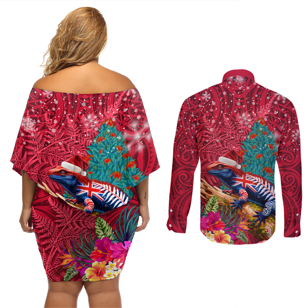 New Zealand Tuatara Christmas Couples Matching Off Shoulder Short Dress and Long Sleeve Button Shirt Silver Fern and Xmas Pohutukawa Tree Red Color