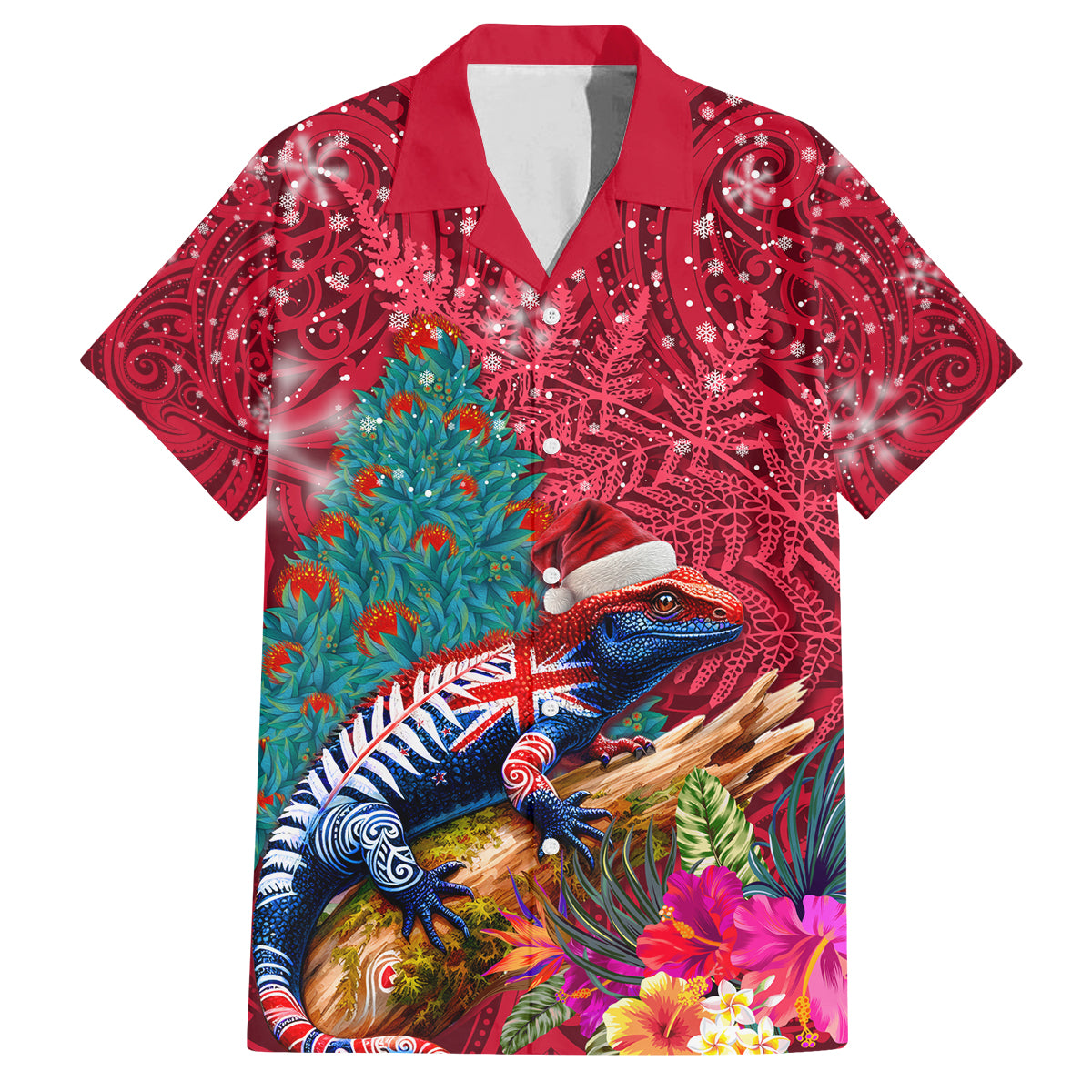 New Zealand Tuatara Christmas Family Matching Long Sleeve Bodycon Dress and Hawaiian Shirt Silver Fern and Xmas Pohutukawa Tree Red Color