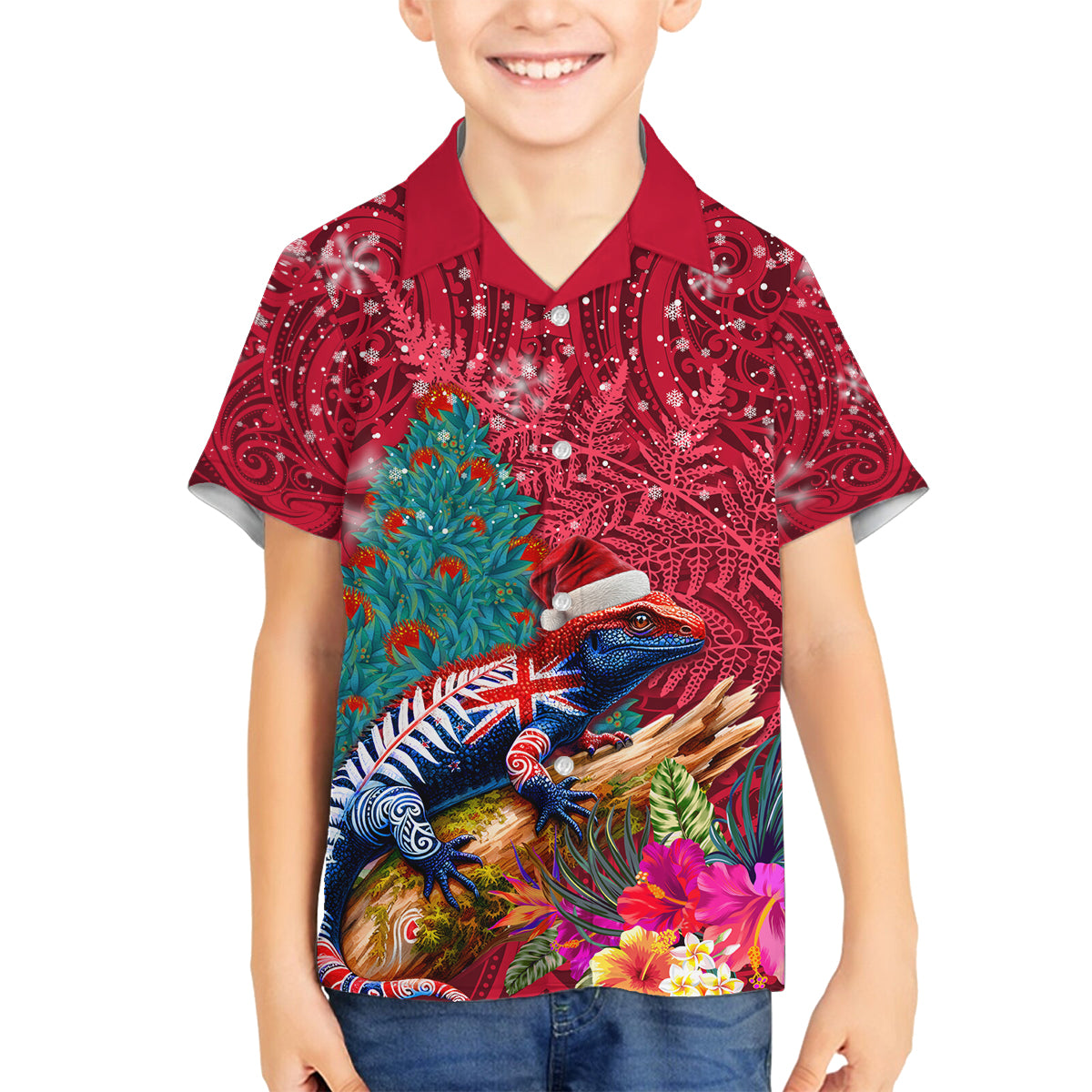 New Zealand Tuatara Christmas Family Matching Long Sleeve Bodycon Dress and Hawaiian Shirt Silver Fern and Xmas Pohutukawa Tree Red Color