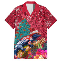 New Zealand Tuatara Christmas Family Matching Off Shoulder Short Dress and Hawaiian Shirt Silver Fern and Xmas Pohutukawa Tree Red Color