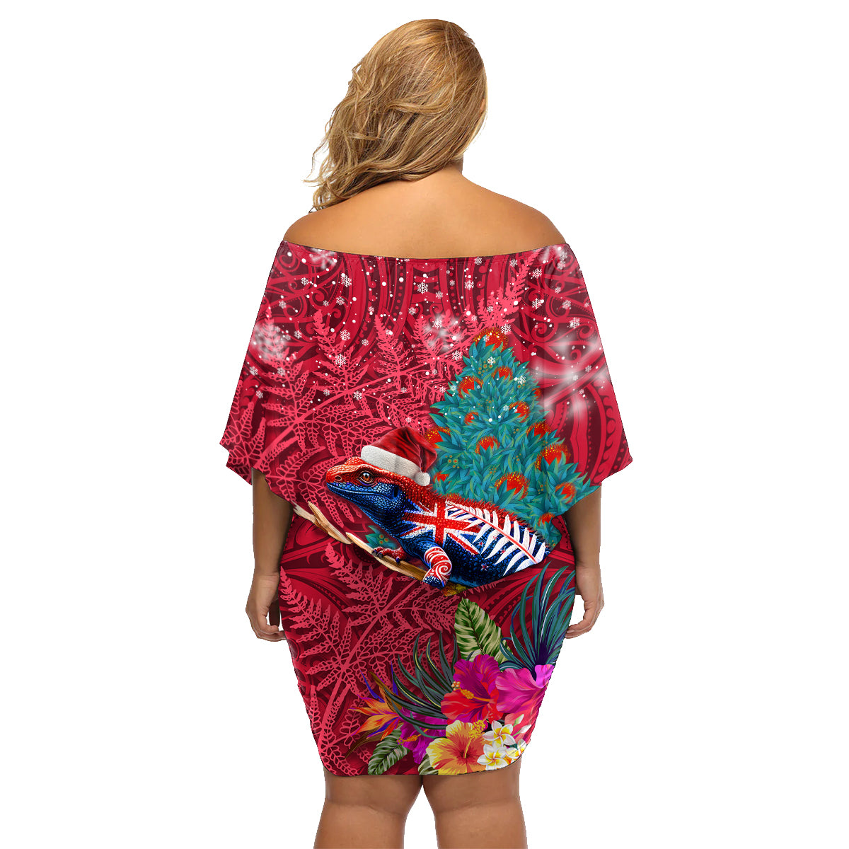 New Zealand Tuatara Christmas Family Matching Off Shoulder Short Dress and Hawaiian Shirt Silver Fern and Xmas Pohutukawa Tree Red Color