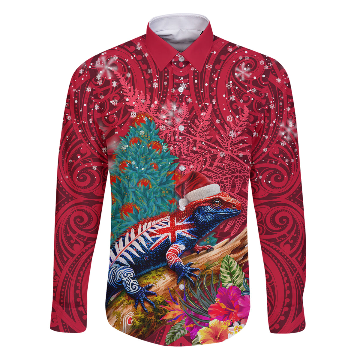 New Zealand Tuatara Christmas Family Matching Puletasi and Hawaiian Shirt Silver Fern and Xmas Pohutukawa Tree Red Color