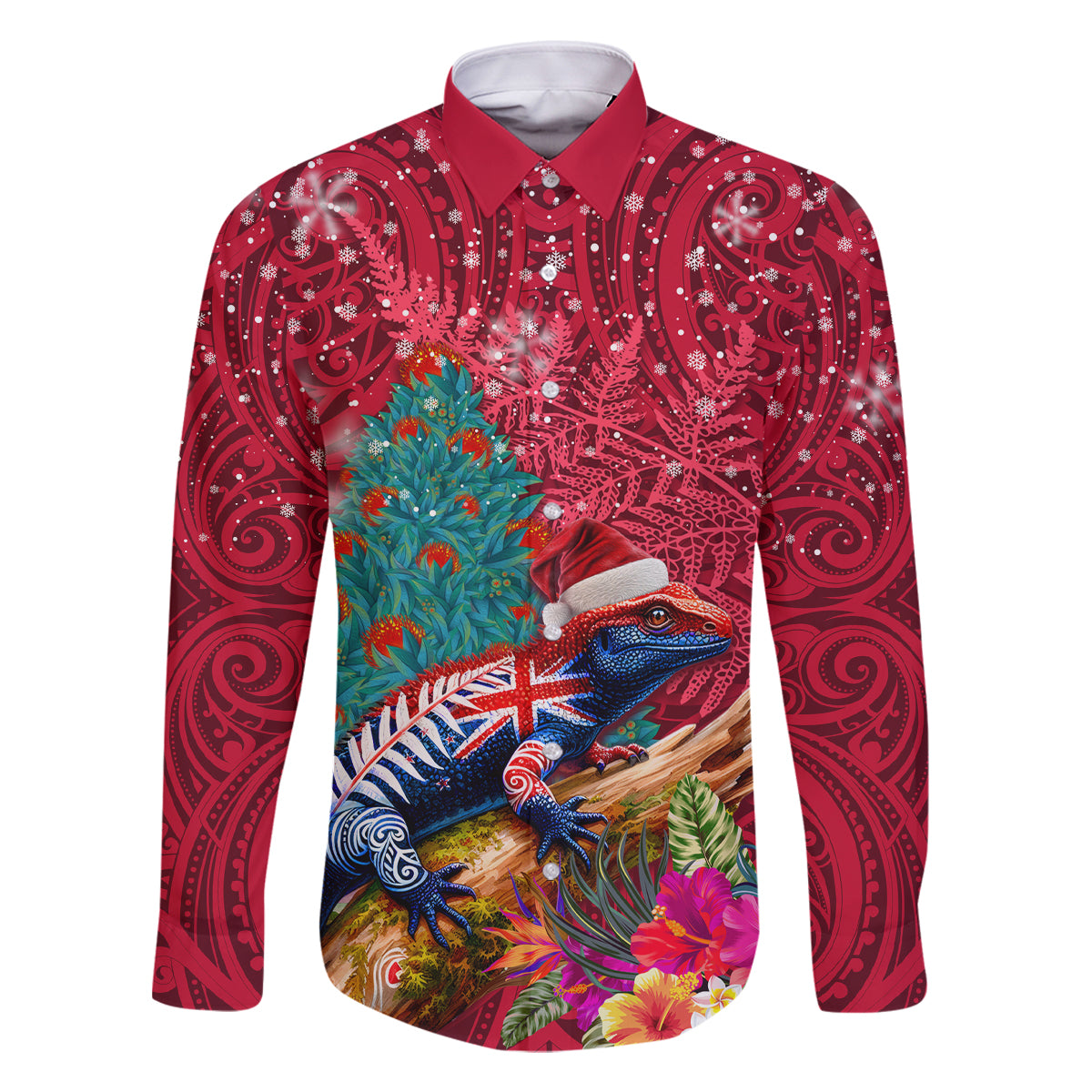 New Zealand Tuatara Christmas Family Matching Summer Maxi Dress and Hawaiian Shirt Silver Fern and Xmas Pohutukawa Tree Red Color