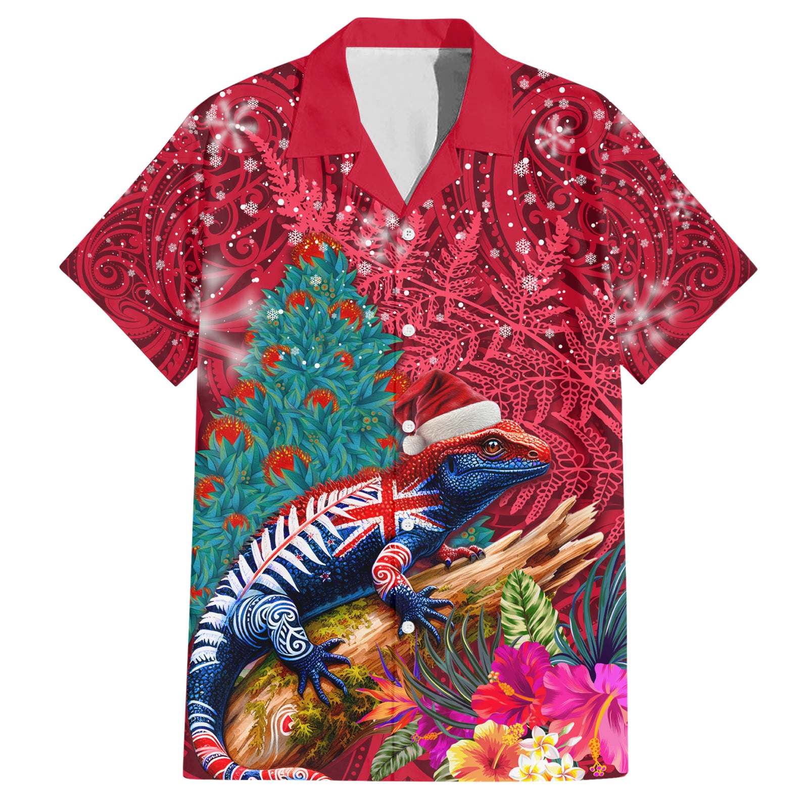 New Zealand Tuatara Christmas Hawaiian Shirt Silver Fern and Xmas Pohutukawa Tree Red Color