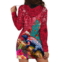 New Zealand Tuatara Christmas Hoodie Dress Silver Fern and Xmas Pohutukawa Tree Red Color LT03 - Polynesian Pride