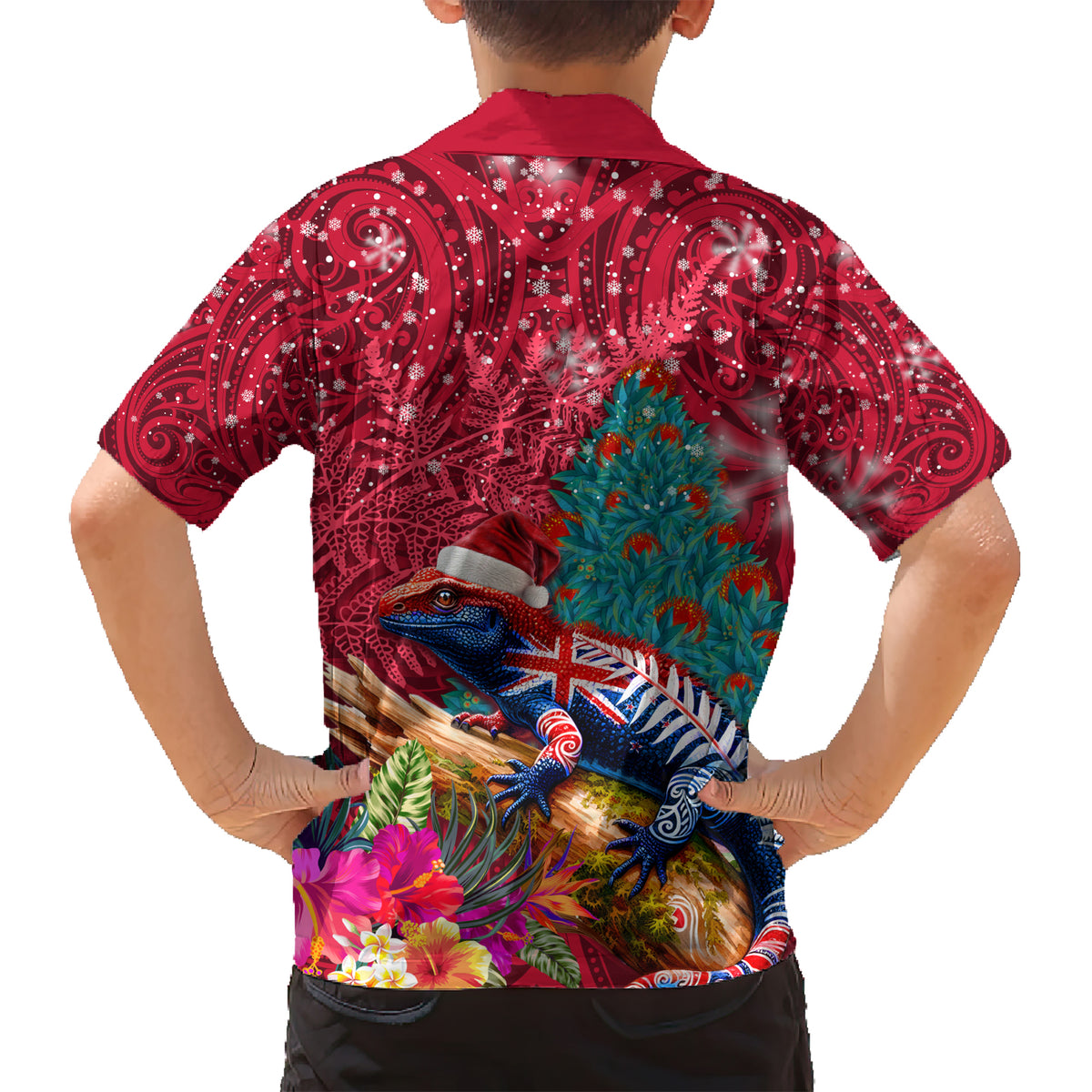 New Zealand Tuatara Christmas Kid Hawaiian Shirt Silver Fern and Xmas Pohutukawa Tree Red Color