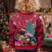 New Zealand Tuatara Christmas Kid Ugly Christmas Sweater Silver Fern and Xmas Pohutukawa Tree Red Color