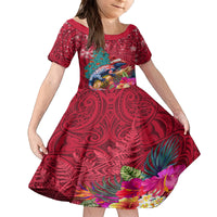 New Zealand Tuatara Christmas Kid Short Sleeve Dress Silver Fern and Xmas Pohutukawa Tree Red Color LT03 KID Red - Polynesian Pride