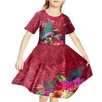 New Zealand Tuatara Christmas Kid Short Sleeve Dress Silver Fern and Xmas Pohutukawa Tree Red Color LT03 - Polynesian Pride