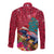 New Zealand Tuatara Christmas Long Sleeve Button Shirt Silver Fern and Xmas Pohutukawa Tree Red Color