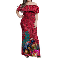 New Zealand Tuatara Christmas Off Shoulder Maxi Dress Silver Fern and Xmas Pohutukawa Tree Red Color LT03 Women Red - Polynesian Pride