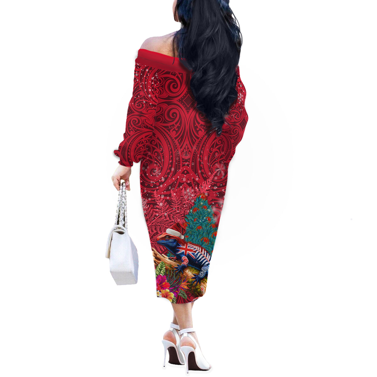 New Zealand Tuatara Christmas Off The Shoulder Long Sleeve Dress Silver Fern and Xmas Pohutukawa Tree Red Color LT03 - Polynesian Pride