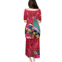 New Zealand Tuatara Christmas Puletasi Silver Fern and Xmas Pohutukawa Tree Red Color