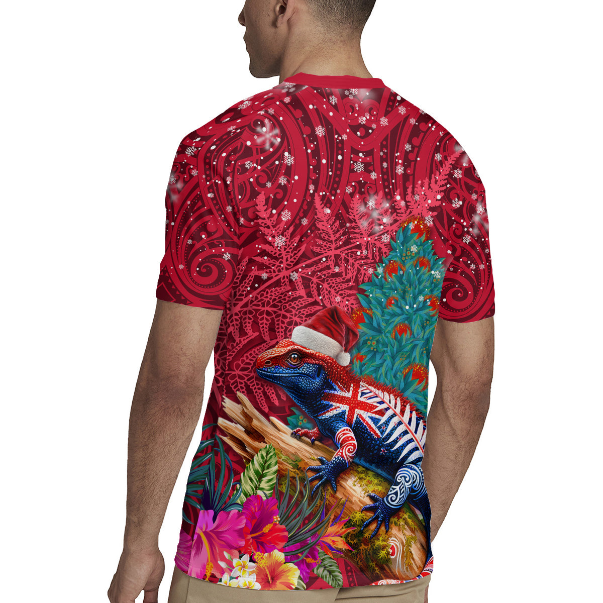 New Zealand Tuatara Christmas Rugby Jersey Silver Fern and Xmas Pohutukawa Tree Red Color