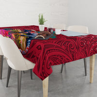 New Zealand Tuatara Christmas Tablecloth Silver Fern and Xmas Pohutukawa Tree Red Color