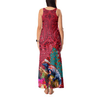 New Zealand Tuatara Christmas Tank Maxi Dress Silver Fern and Xmas Pohutukawa Tree Red Color LT03 - Polynesian Pride