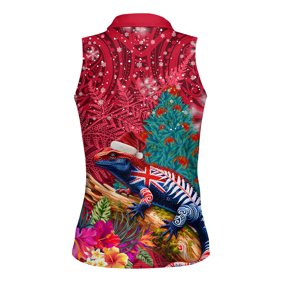 New Zealand Tuatara Christmas Women Sleeveless Polo Shirt Silver Fern and Xmas Pohutukawa Tree Red Color
