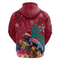 New Zealand Tuatara Christmas Zip Hoodie Silver Fern and Xmas Pohutukawa Tree Red Color LT03 - Polynesian Pride