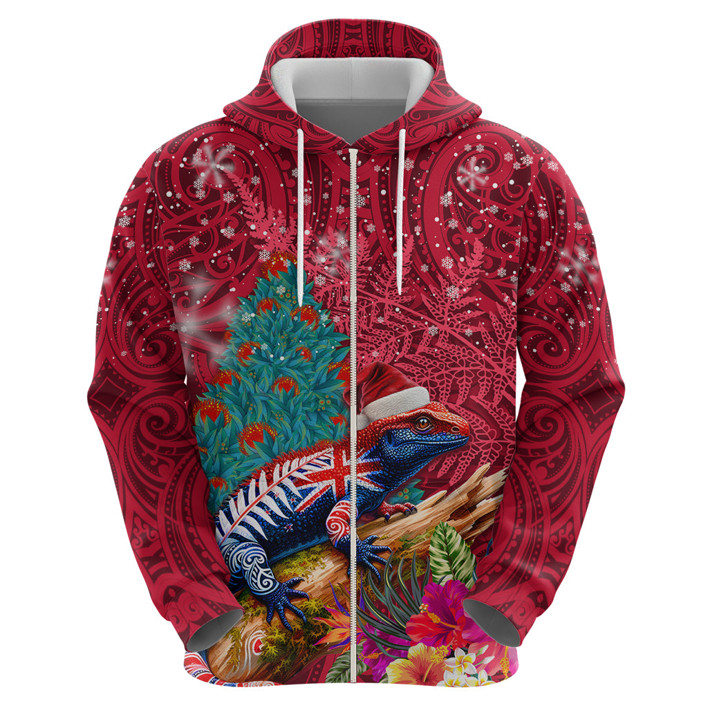 New Zealand Tuatara Christmas Zip Hoodie Silver Fern and Xmas Pohutukawa Tree Red Color LT03 - Polynesian Pride