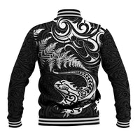 New Zealand Tuatara Tribal Tattoo Baseball Jacket Silver Fern and Maori Pattern Black Color