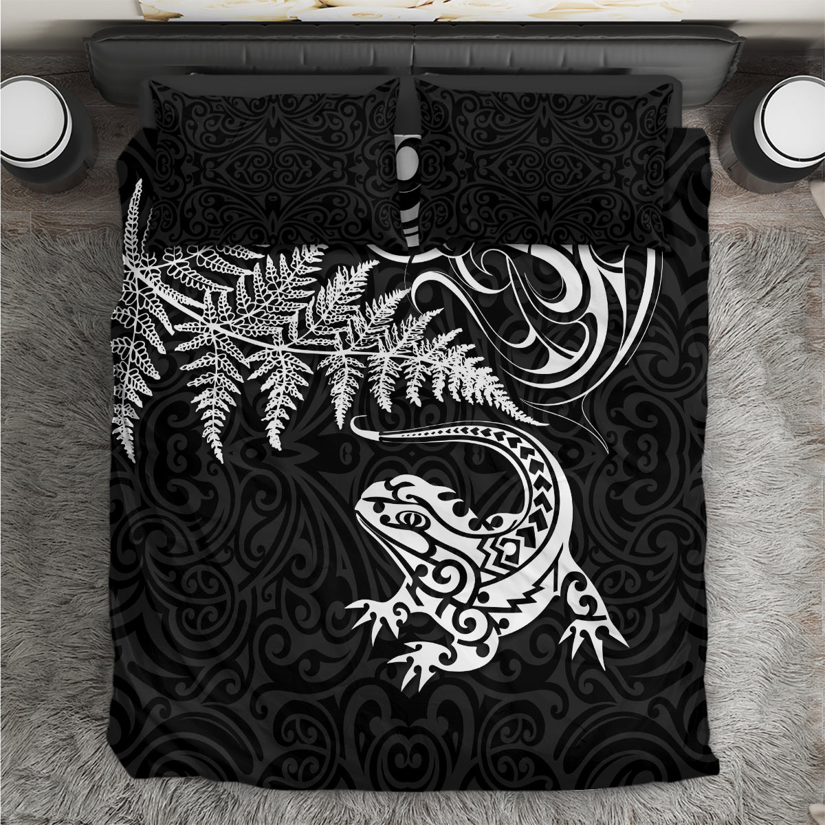 New Zealand Tuatara Tribal Tattoo Bedding Set Silver Fern and Maori Pattern Black Color