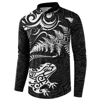New Zealand Tuatara Tribal Tattoo Button Sweatshirt Silver Fern and Maori Pattern Black Color