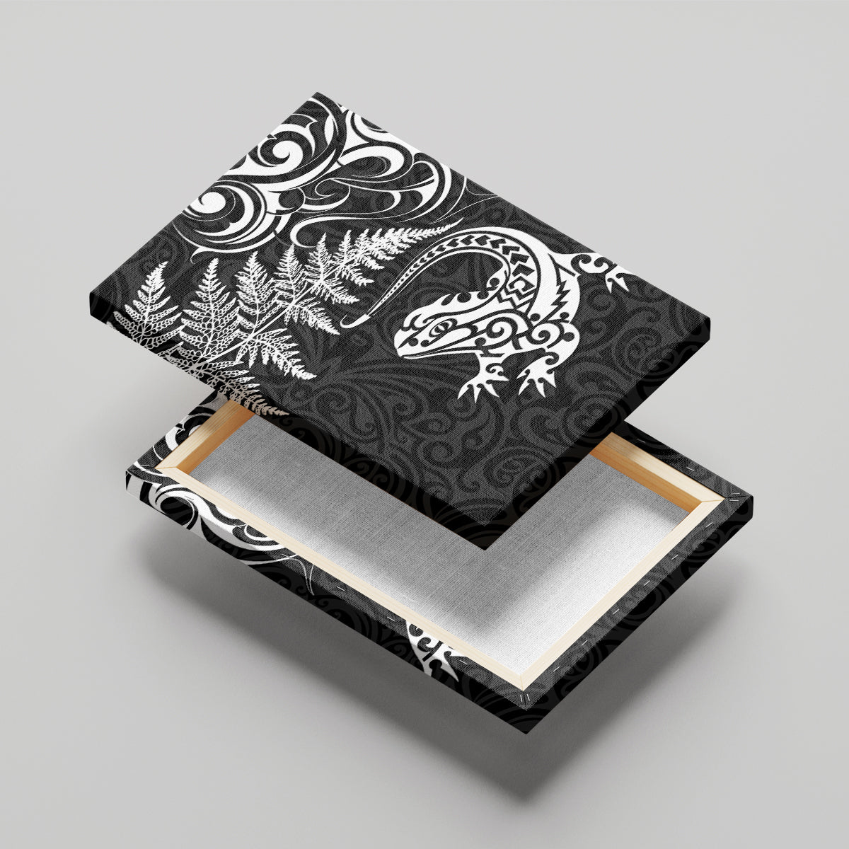 New Zealand Tuatara Tribal Tattoo Canvas Wall Art Silver Fern and Maori Pattern Black Color