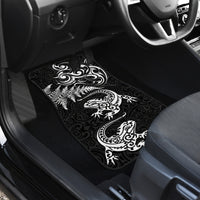 New Zealand Tuatara Tribal Tattoo Car Mats Silver Fern and Maori Pattern Black Color