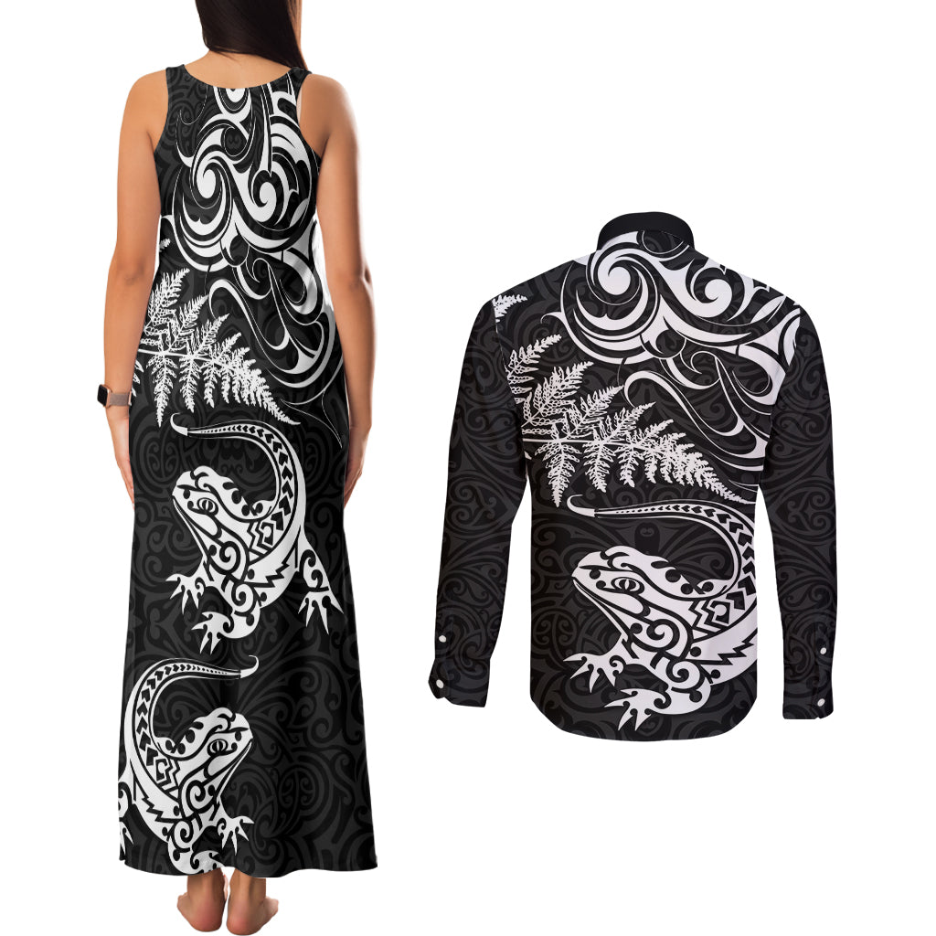 New Zealand Tuatara Tribal Tattoo Couples Matching Tank Maxi Dress and Long Sleeve Button Shirt Silver Fern and Maori Pattern Black Color
