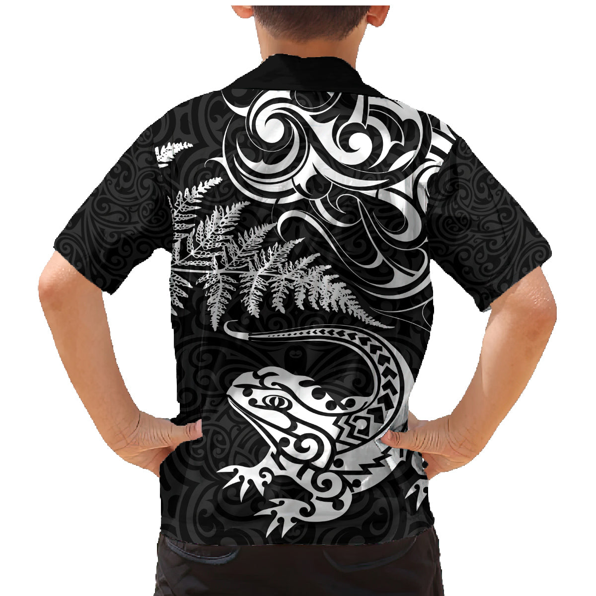 New Zealand Tuatara Tribal Tattoo Family Matching Mermaid Dress and Hawaiian Shirt Silver Fern and Maori Pattern Black Color