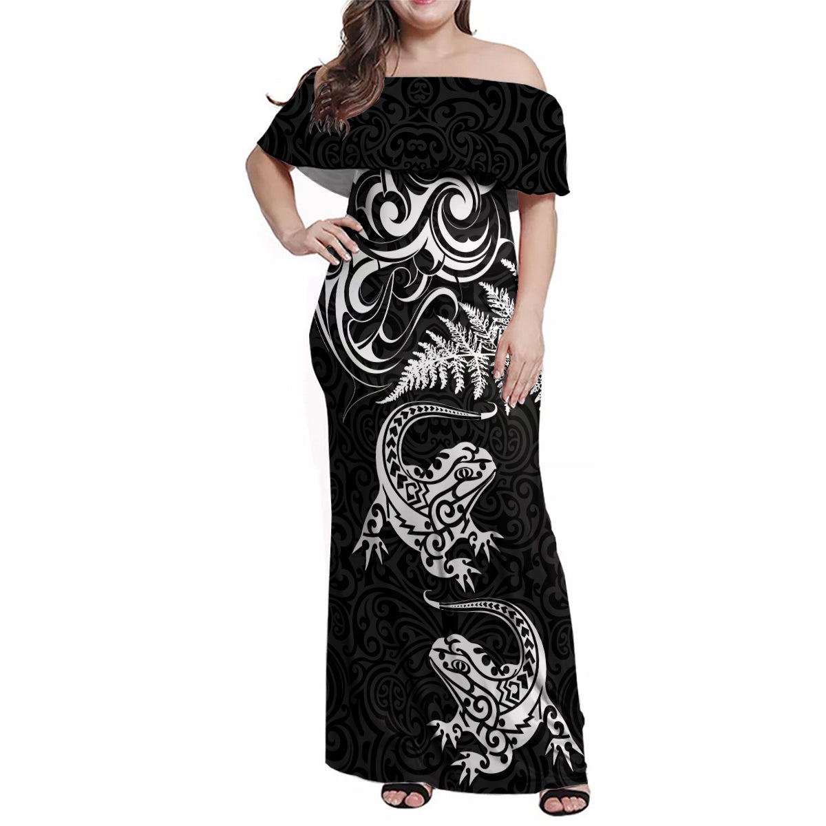 New Zealand Tuatara Tribal Tattoo Family Matching Off Shoulder Maxi Dress and Hawaiian Shirt Silver Fern and Maori Pattern Black Color