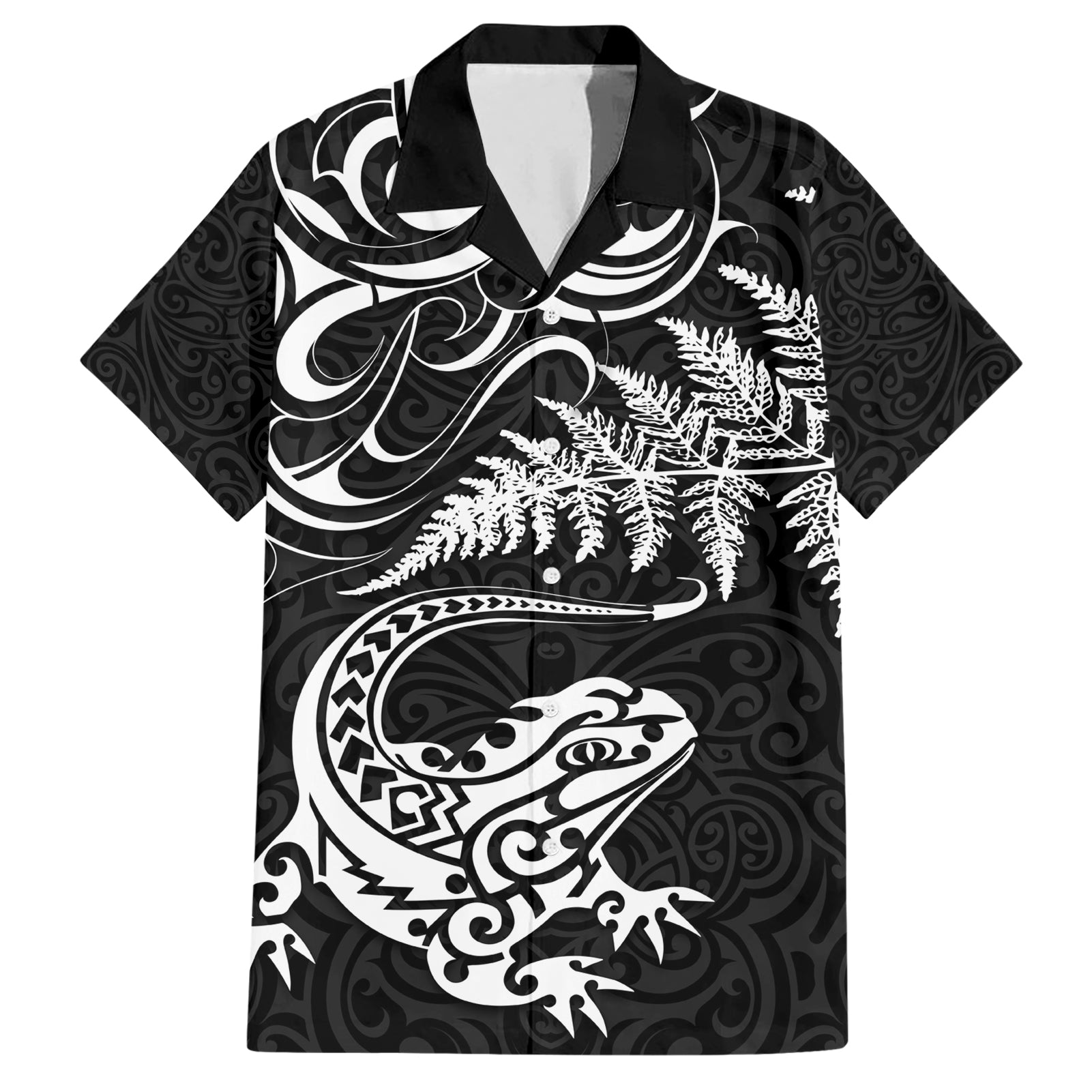 New Zealand Tuatara Tribal Tattoo Hawaiian Shirt Silver Fern and Maori Pattern Black Color