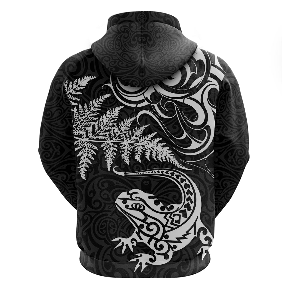 New Zealand Tuatara Tribal Tattoo Hoodie Silver Fern and Maori Pattern Black Color