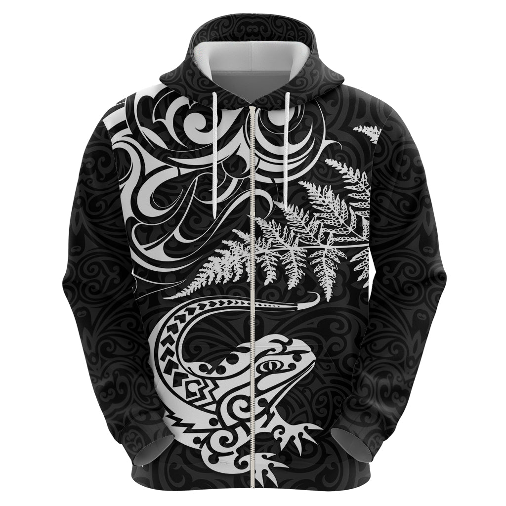 New Zealand Tuatara Tribal Tattoo Hoodie Silver Fern and Maori Pattern Black Color
