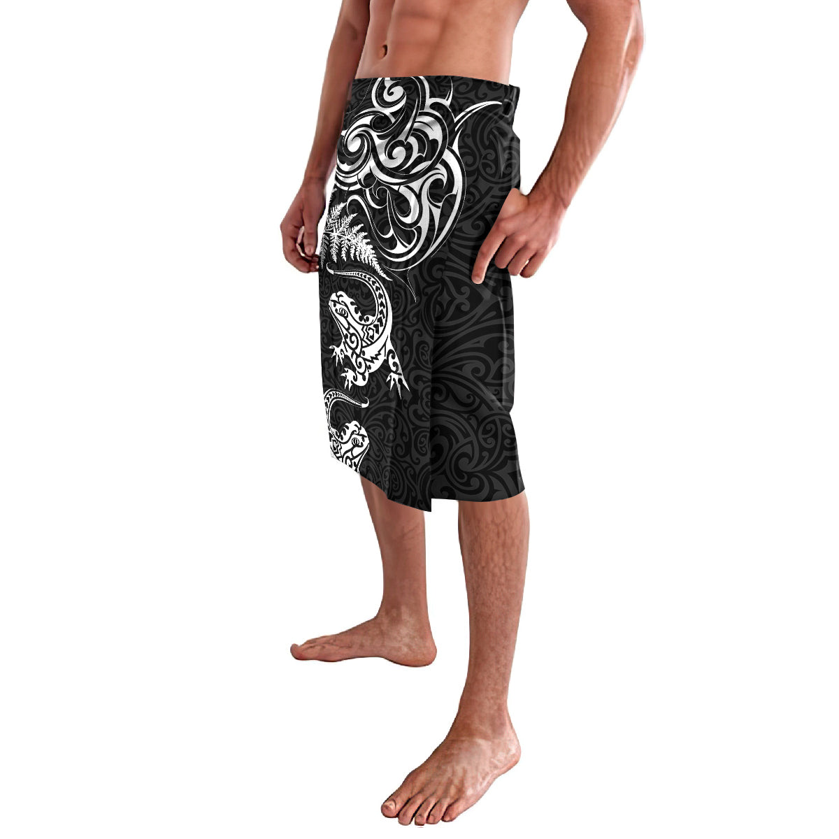 New Zealand Tuatara Tribal Tattoo Lavalava Silver Fern and Maori Pattern Black Color