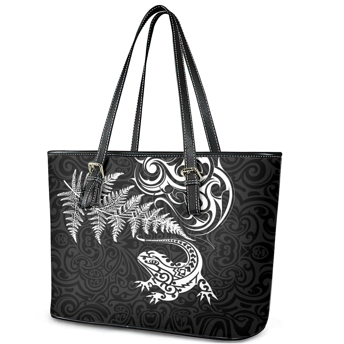 New Zealand Tuatara Tribal Tattoo Leather Tote Bag Silver Fern and Maori Pattern Black Color