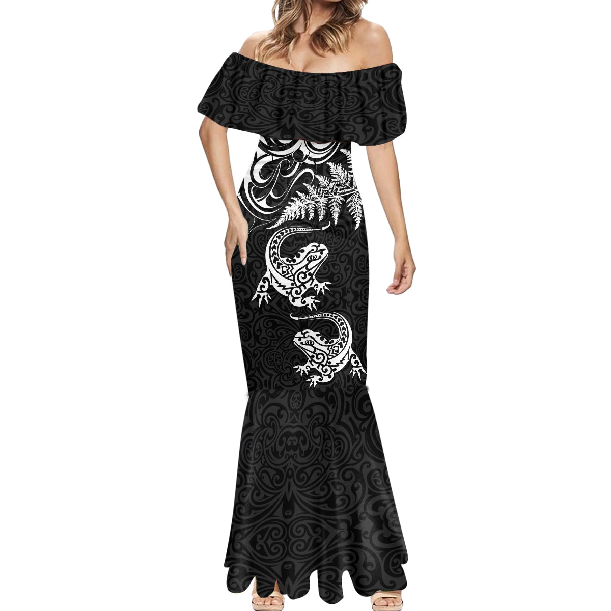 New Zealand Tuatara Tribal Tattoo Mermaid Dress Silver Fern and Maori Pattern Black Color
