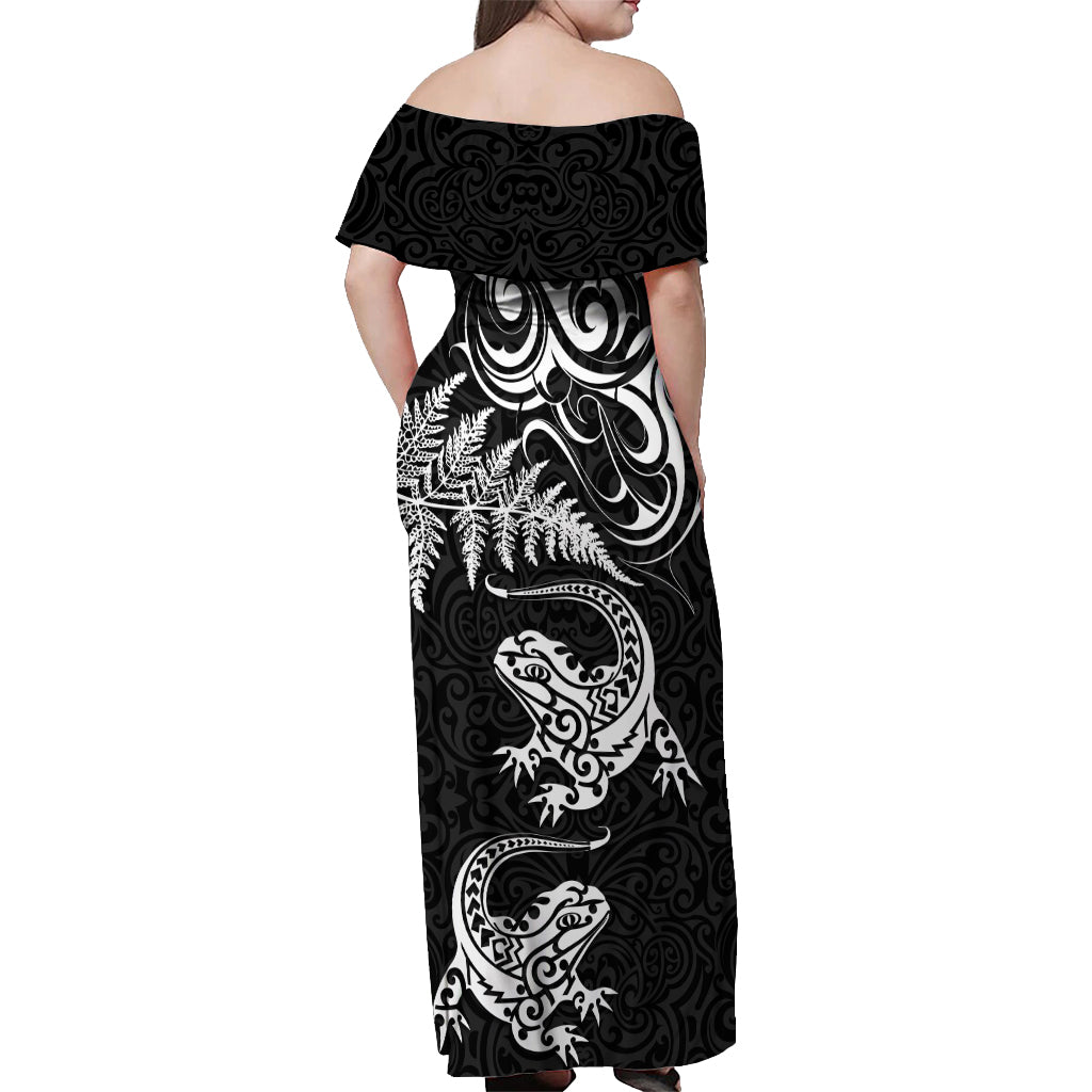 New Zealand Tuatara Tribal Tattoo Off Shoulder Maxi Dress Silver Fern and Maori Pattern Black Color LT03 - Polynesian Pride