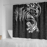 New Zealand Tuatara Tribal Tattoo Shower Curtain Silver Fern and Maori Pattern Black Color