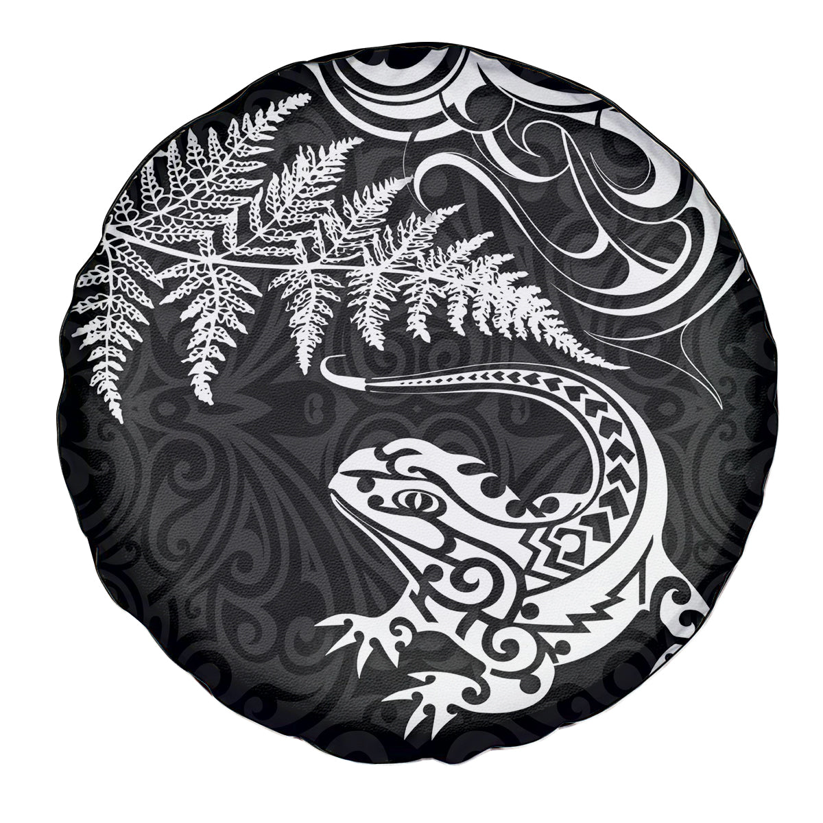 New Zealand Tuatara Tribal Tattoo Spare Tire Cover Silver Fern and Maori Pattern Black Color