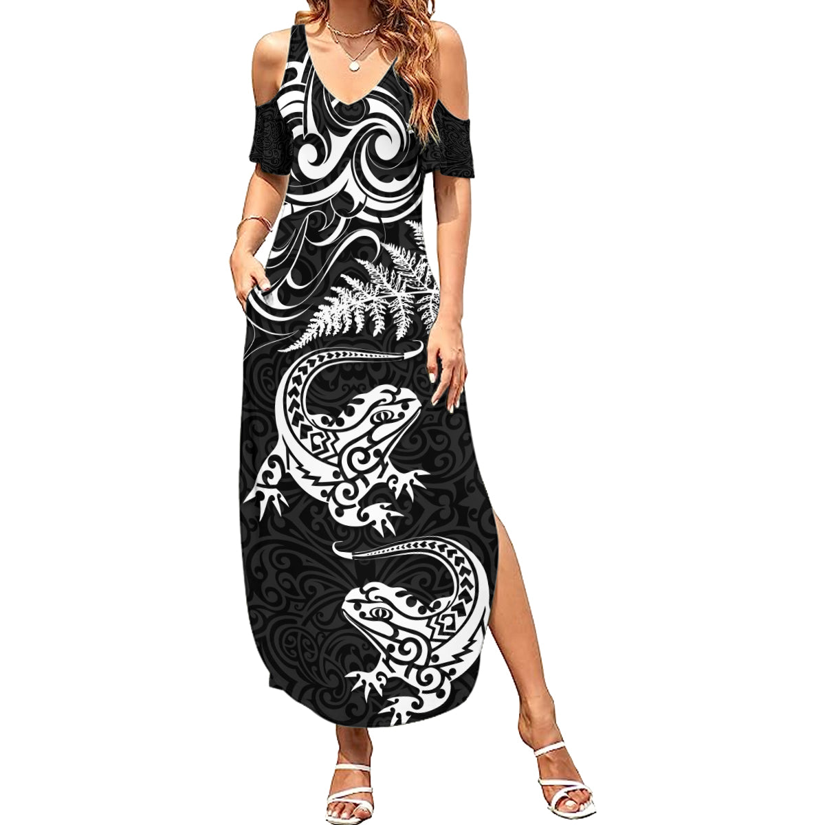 New Zealand Tuatara Tribal Tattoo Summer Maxi Dress Silver Fern and Maori Pattern Black Color