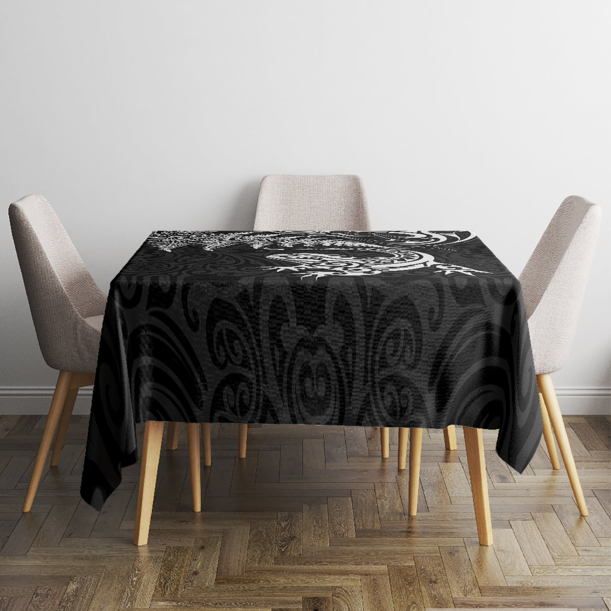 New Zealand Tuatara Tribal Tattoo Tablecloth Silver Fern and Maori Pattern Black Color