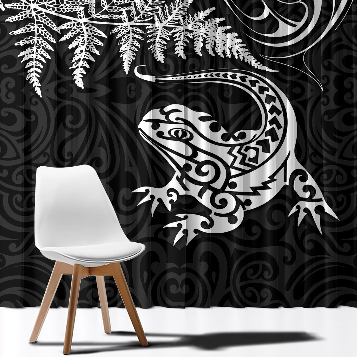 New Zealand Tuatara Tribal Tattoo Window Curtain Silver Fern and Maori Pattern Black Color