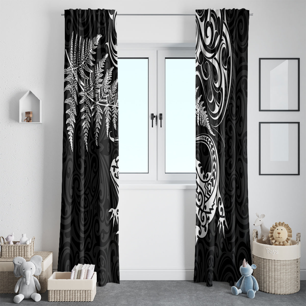 New Zealand Tuatara Tribal Tattoo Window Curtain Silver Fern and Maori Pattern Black Color