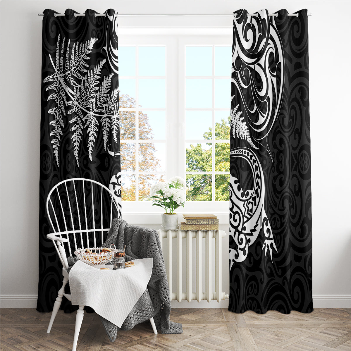 New Zealand Tuatara Tribal Tattoo Window Curtain Silver Fern and Maori Pattern Black Color