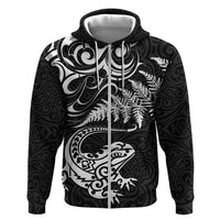 New Zealand Tuatara Tribal Tattoo Zip Hoodie Silver Fern and Maori Pattern Black Color LT03 Zip Hoodie Black - Polynesian Pride