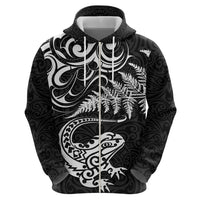 New Zealand Tuatara Tribal Tattoo Zip Hoodie Silver Fern and Maori Pattern Black Color LT03 - Polynesian Pride
