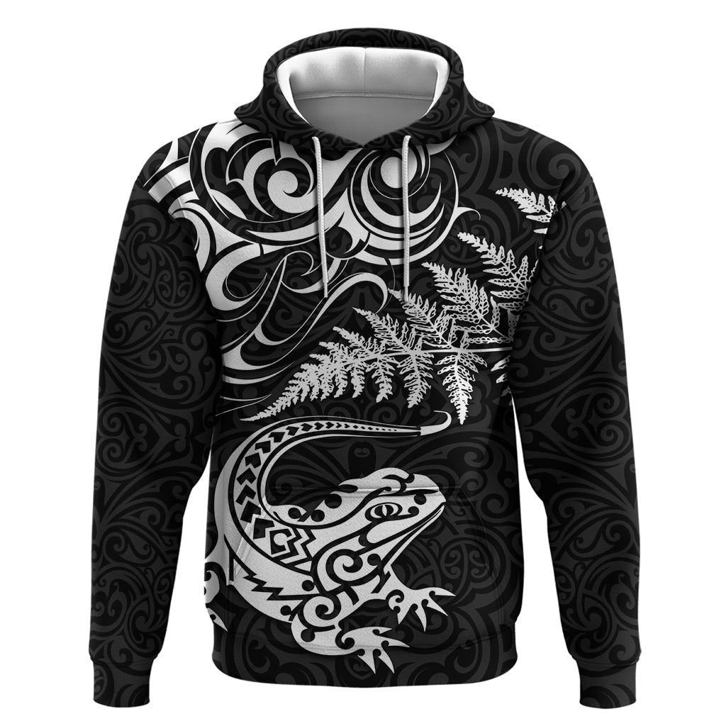 New Zealand Tuatara Tribal Tattoo Zip Hoodie Silver Fern and Maori Pattern Black Color LT03 Pullover Hoodie Black - Polynesian Pride
