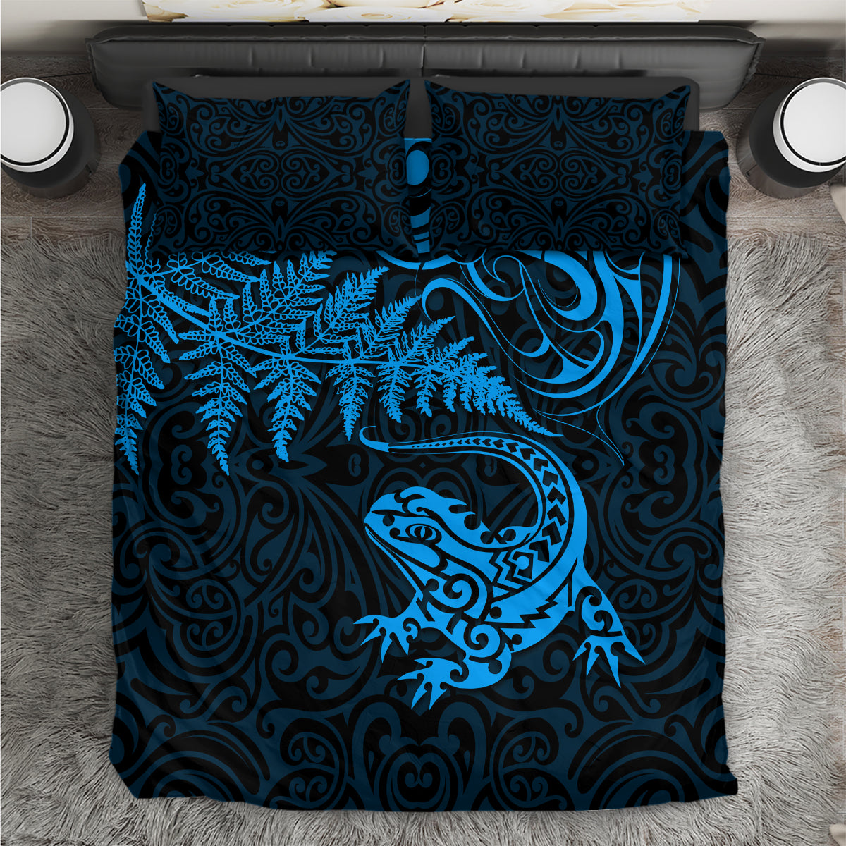 New Zealand Tuatara Tribal Tattoo Bedding Set Silver Fern and Maori Pattern Blue Color