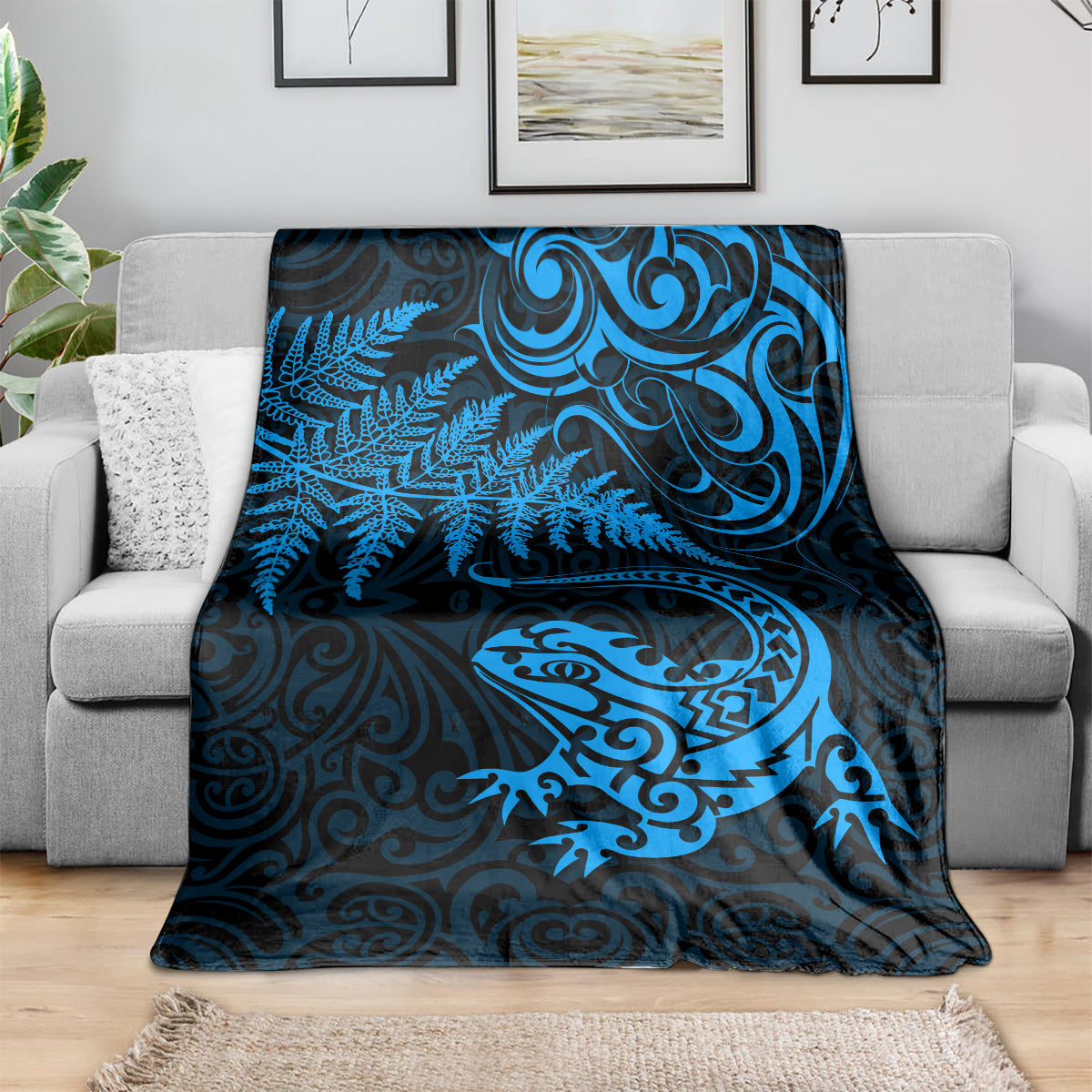 New Zealand Tuatara Tribal Tattoo Blanket Silver Fern and Maori Pattern Blue Color